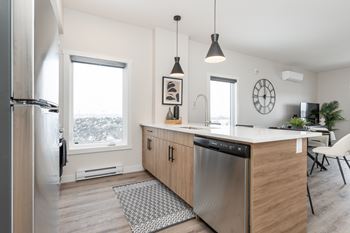 A modern kitchen with a large window and a stainless steel dishwasher.